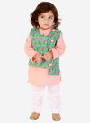 Green And Peach Colour KID1 Boys Floral Jacket Kantha Kurta Pyjama Suit Kids Collection K20EB124GRPC